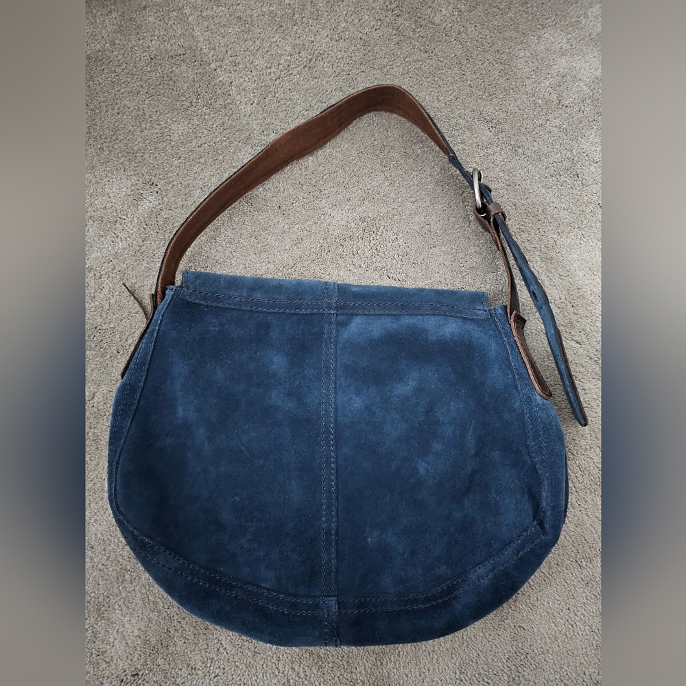 Lucky Brand Blue Suede Shoulder Bag with Brown Strap - Picture 2 of 14